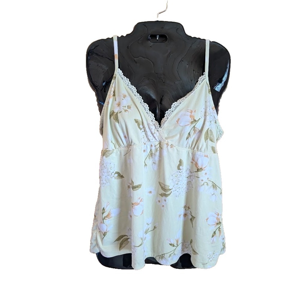 Laura Ashley Babydoll Tank XL Floral Lace Trim Green Y2K Vintage Cottage Dainty